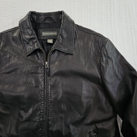 Banana Republic Full Zip Leather Jacket Men's XL Jet Black Long Sleeves EUC LN - Picture 5 of 16